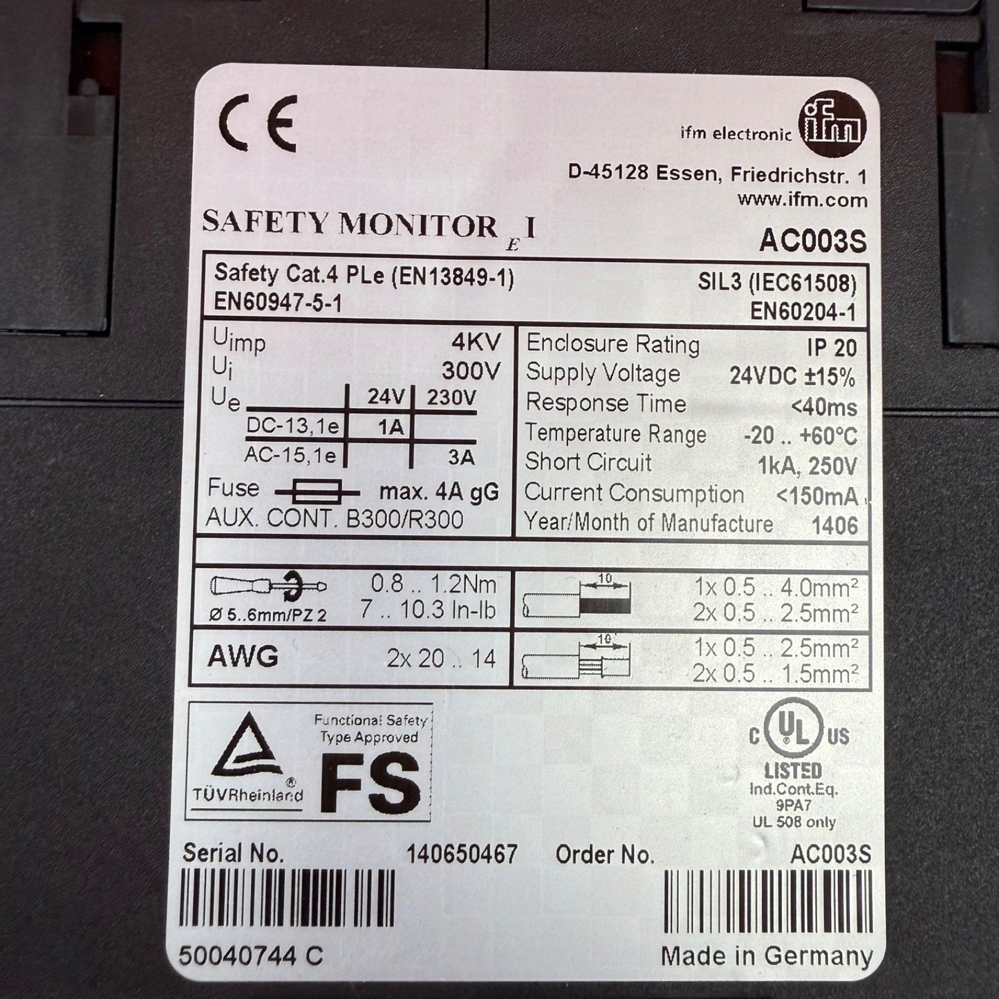 IFM Electronic AC003S AS-Interface Safety Monitor 1Ch EN60947 EN602043