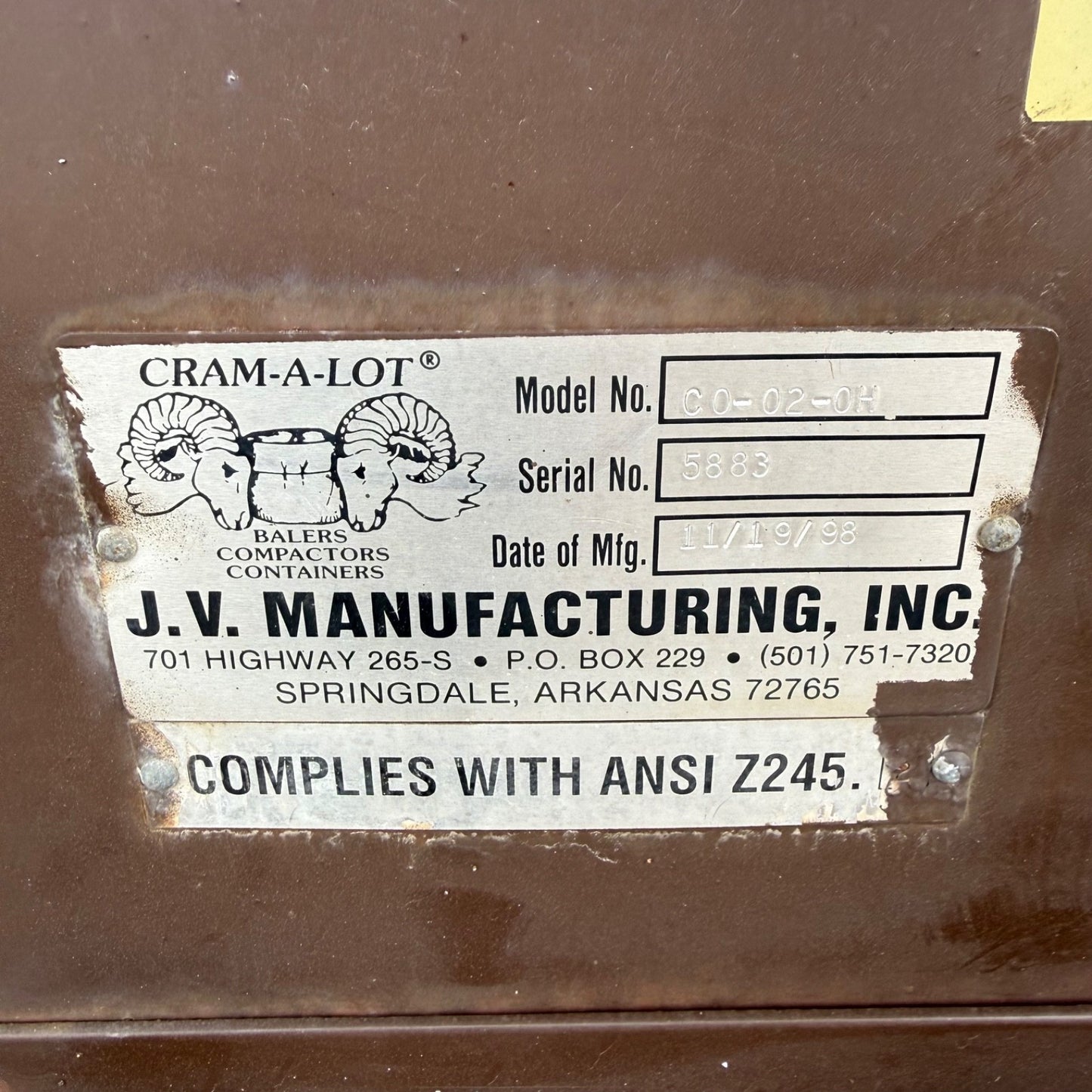 J.V. Manufacturing CRAM-A-LOT | C0-02 | 2 Yard Trash Compactor Dumpster8