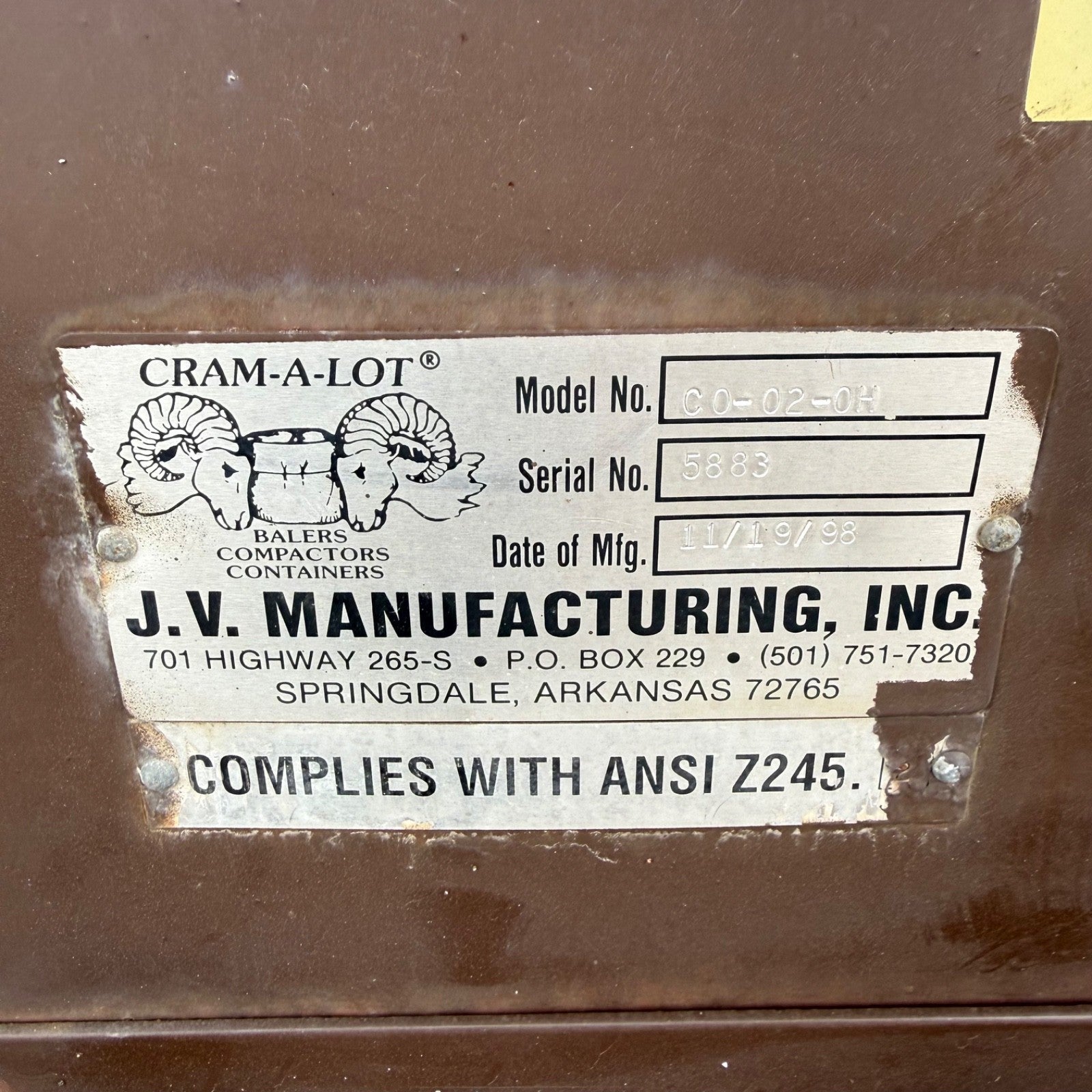 J.V. Manufacturing CRAM-A-LOT | C0-02 | 2 Yard Trash Compactor Dumpster8