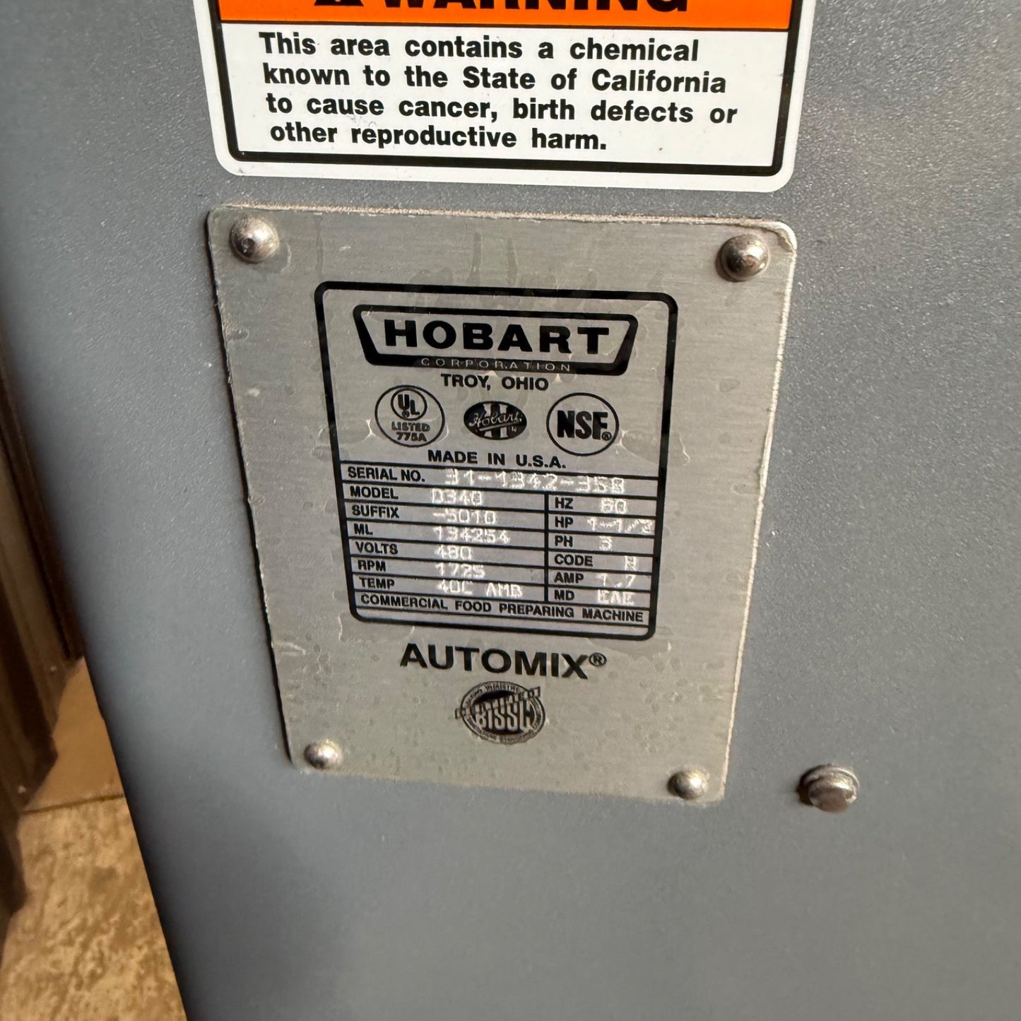 Hobart D340 40 Qt Mixer W/ Bowl & Attachments & Guard 1 1/2 HP 3 PH 480v4