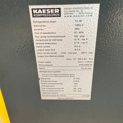 2016 Kaeser TC 36 Refrigerant Air Dryer | SECOTEC|  115v | 230 PSIG