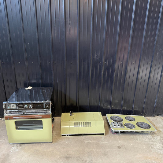 Vintage GE Avocado Green Wall Oven, Electric Cooktop Range, Hood Set - MCM0