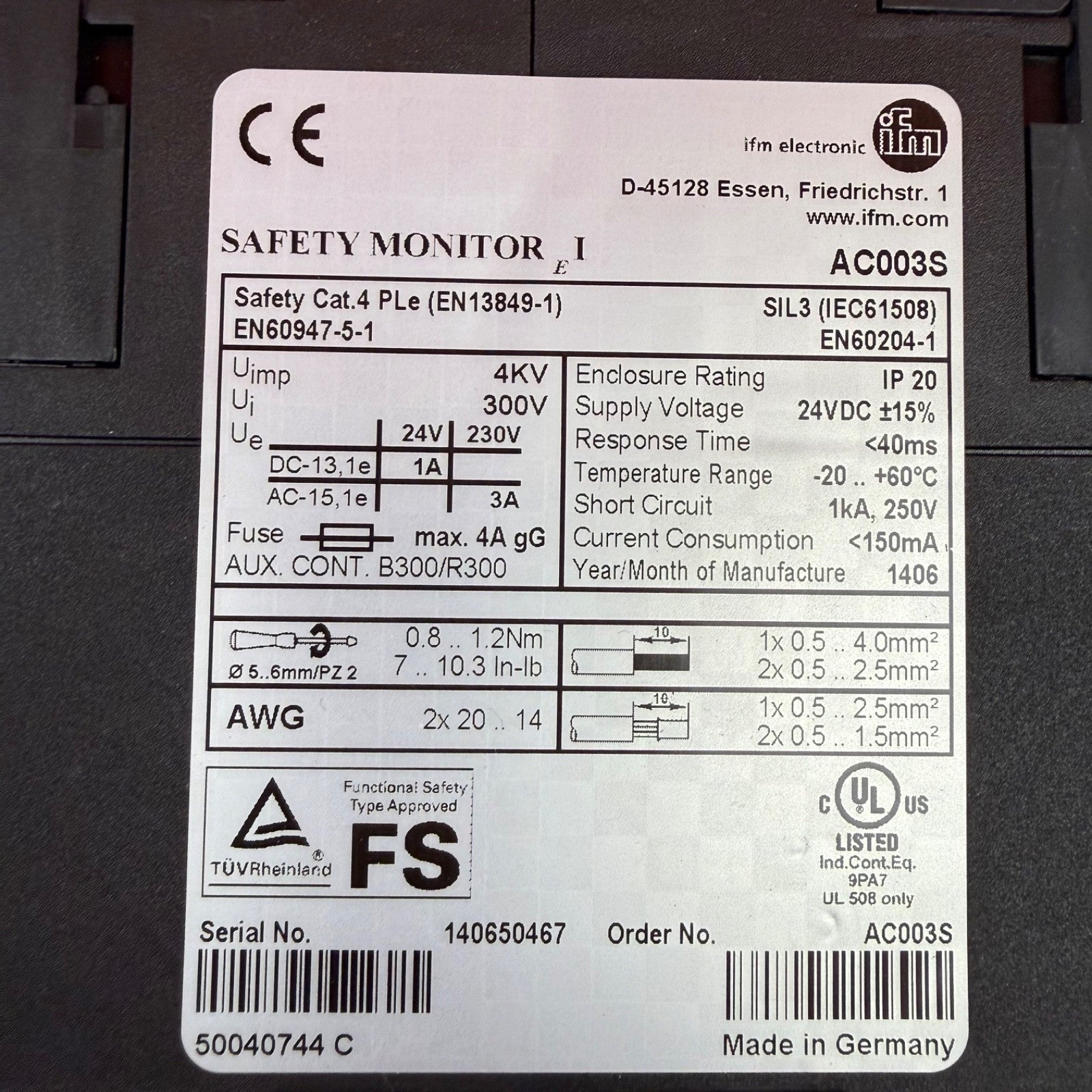 IFM Electronic AC003S AS-Interface Safety Monitor 1Ch EN60947 EN602043