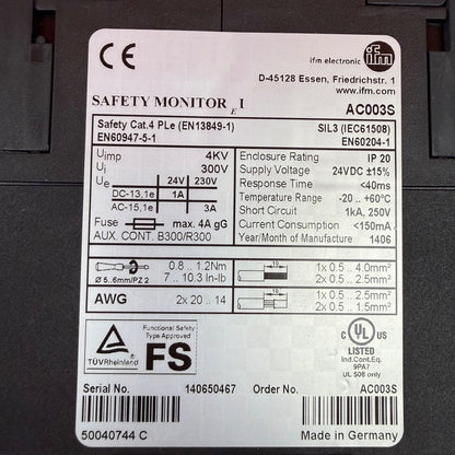 IFM Electronic AC003S AS-Interface Safety Monitor 1Ch EN60947 EN602043