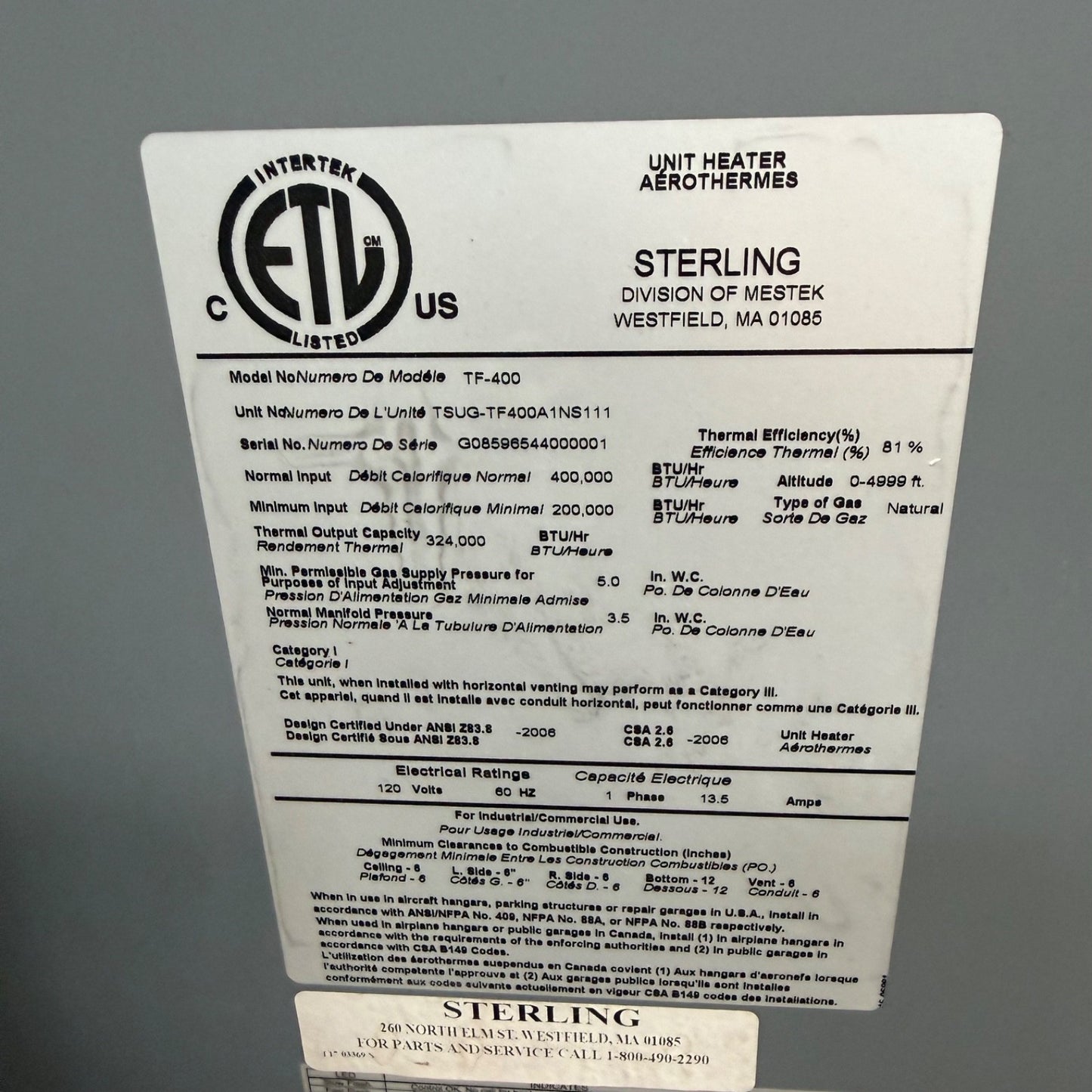 Sterling TF-400 Gas Fired Heater 400,000 btu | Warehouse Shop Green House3