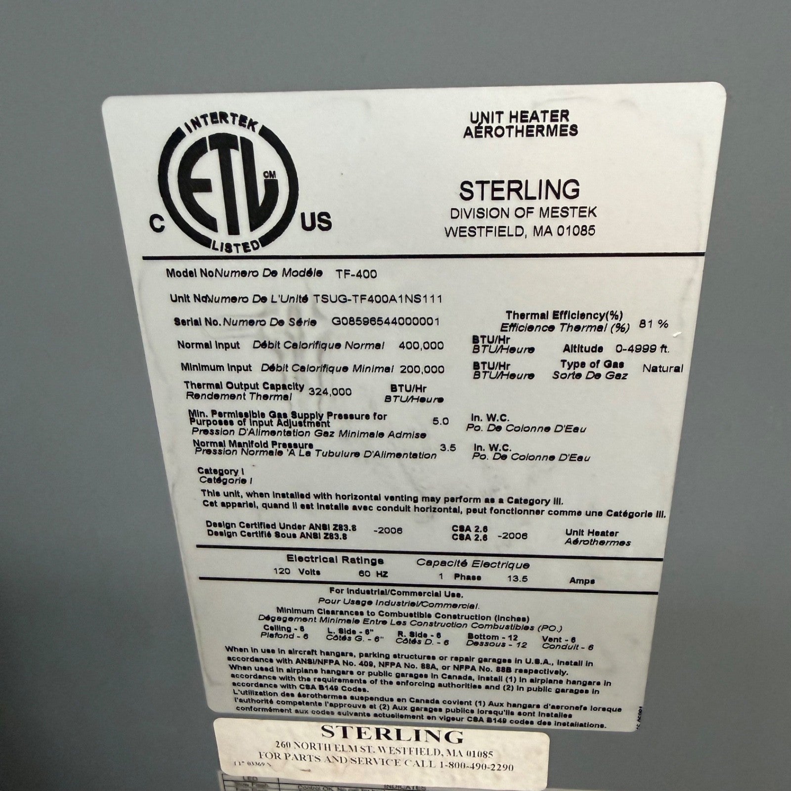 Sterling TF-400 Gas Fired Heater 400,000 btu | Warehouse Shop Green House3