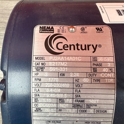 Century E217M2 3PH Electric Motor 1770RPM 182T DP | 208-230V / 480V2