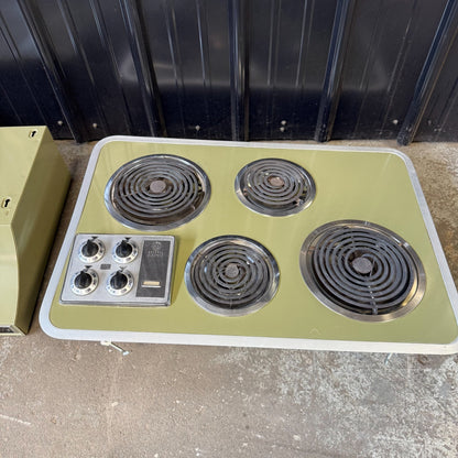 Vintage GE Avocado Green Wall Oven, Electric Cooktop Range, Hood Set - MCM17