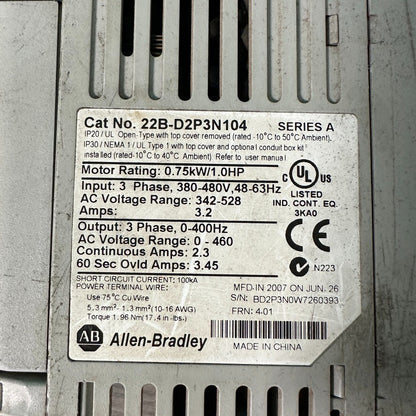 Allen Bradley PowerFlex 40 3 Phase 480v - AC Drive - 22B-D2P3N104 1 HP