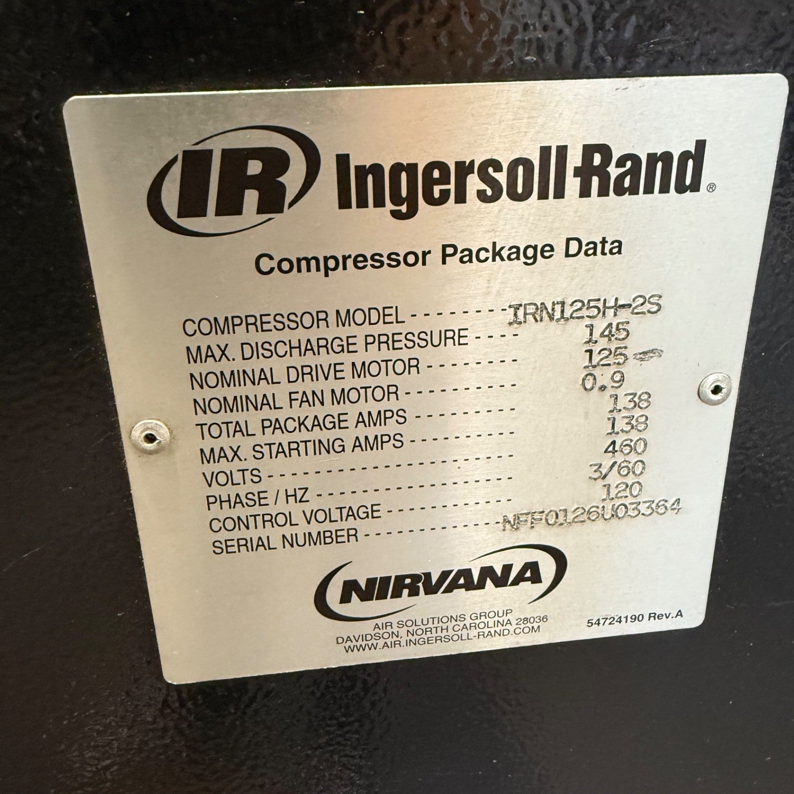 Ingersoll Rand IRN125H-2S Rotary Screw Air Compressor Oil-Flooded 125HP