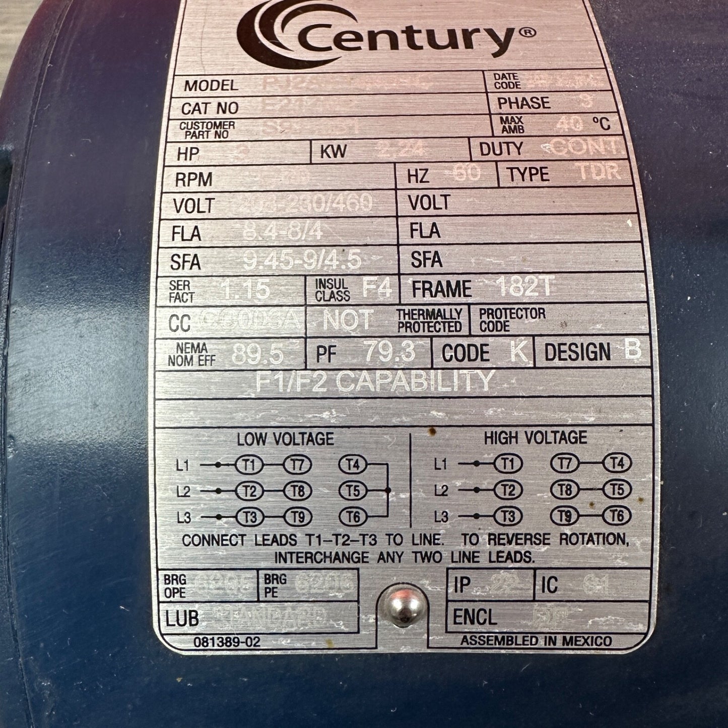 Century E217M2 3PH Electric Motor 1770RPM 182T DP | 208-230V / 480V