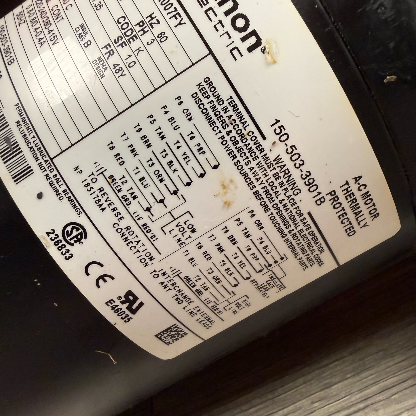 Marathon 5K38DNA001FY 1/5HP 1725RPM 3Ph 48Y AC Motor Hobart CRS66A 150-503-3901B6