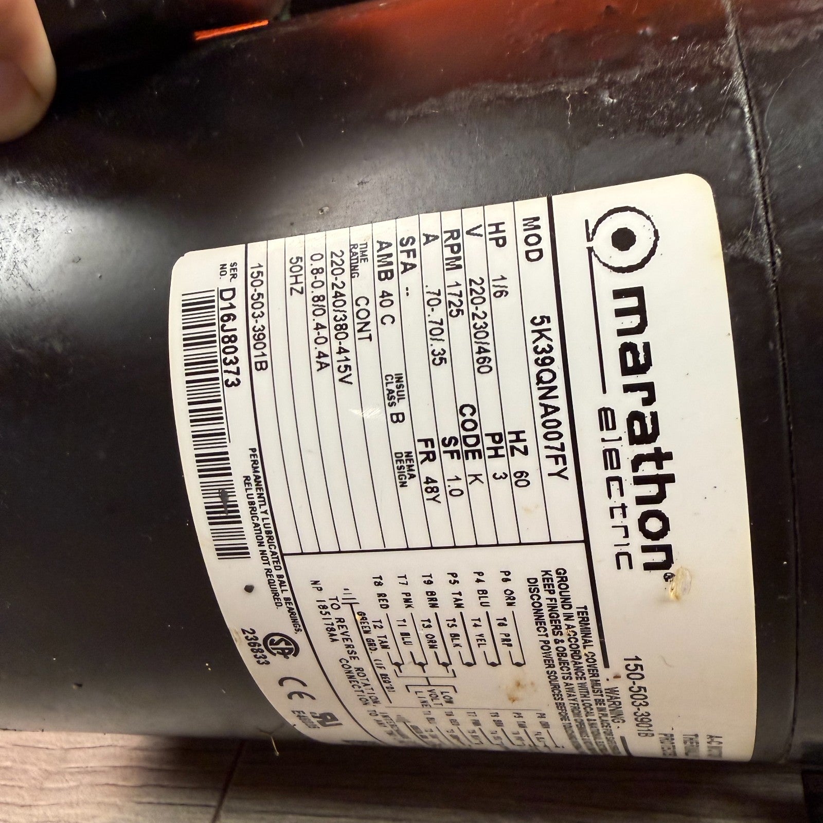 Marathon 5K38DNA001FY 1/5HP 1725RPM 3Ph 48Y AC Motor Hobart CRS66A 150-503-3901B5