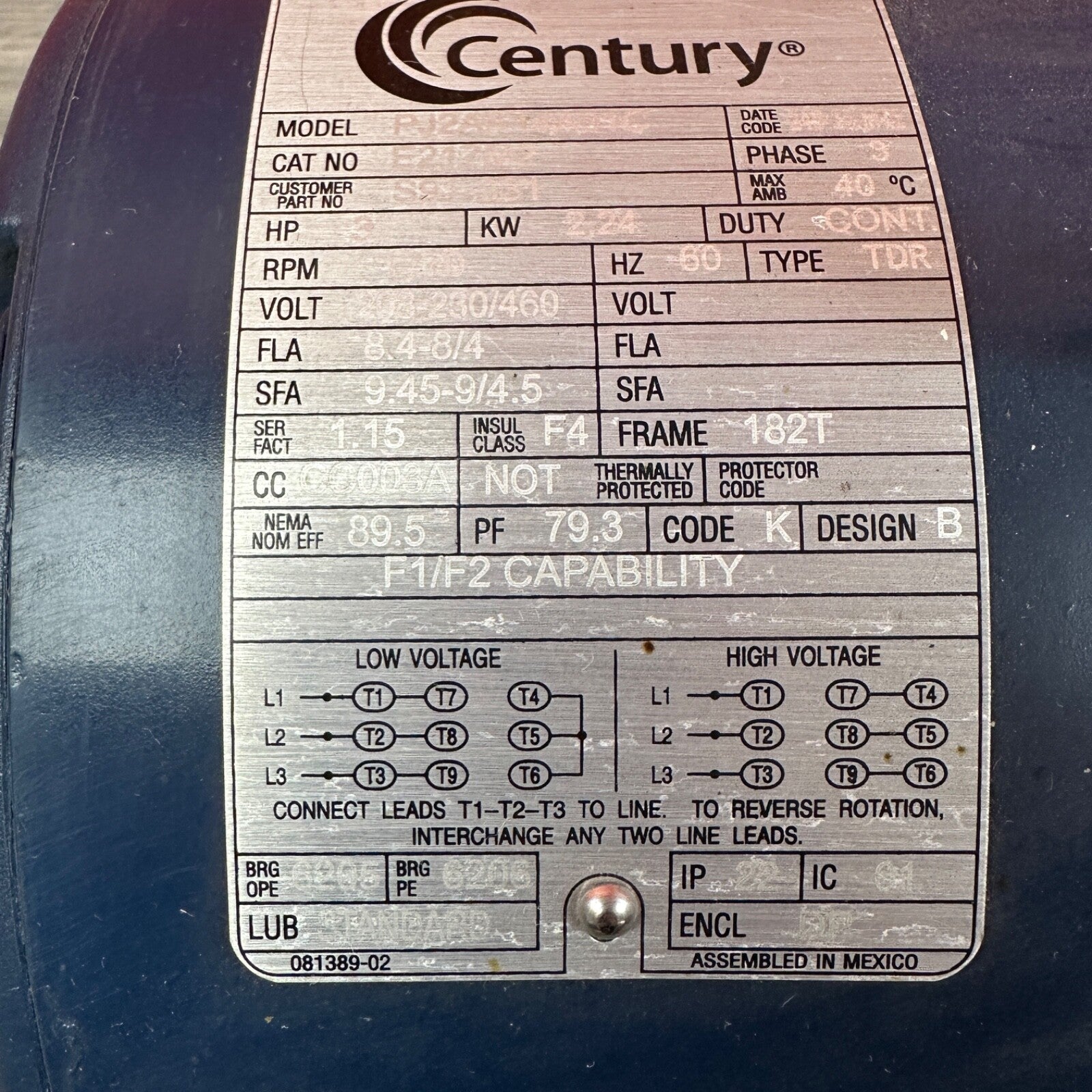Century E217M2 3PH Electric Motor 1770RPM 182T DP | 208-230V / 480V3