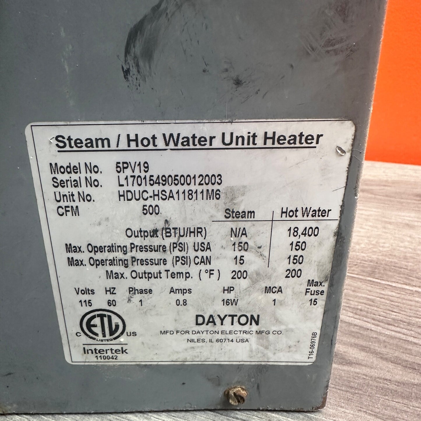 Dayton Hydronic Unit Heater 5PV19 - Wall and Ceiling Water, 18,400 BTU/HR