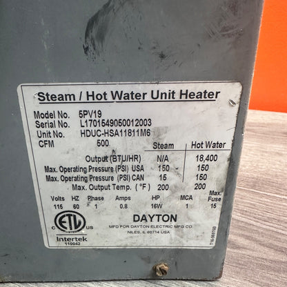 Dayton Hydronic Unit Heater 5PV19 - Wall and Ceiling Water, 18,400 BTU/HR