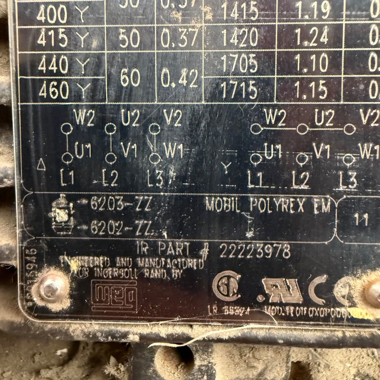 Ingersoll Rand 22223978 0.5HP 3-Phase Electric Motor 1715RPM 440-480V 60Hz Air C7